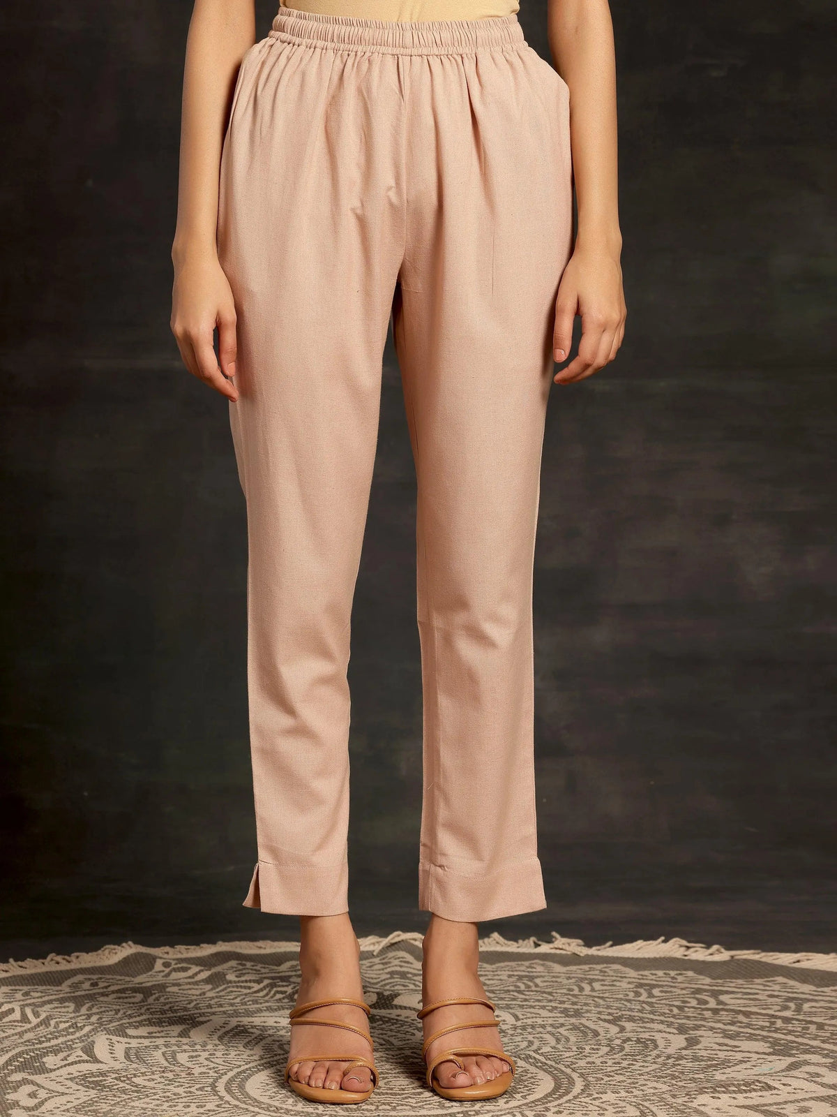 Anouk Peach Solid Cotton Straight Fit Trousers