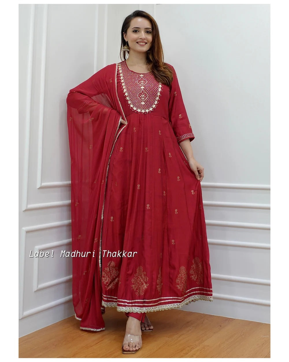 Red Embroidered Rayon Kurti Set with Mulmul Dupatta