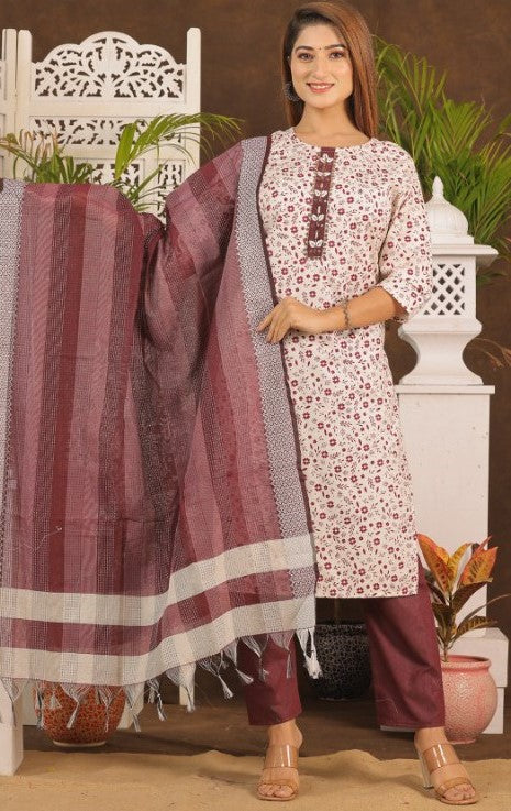 Cotton Kurta Set with Pant and Dupatta