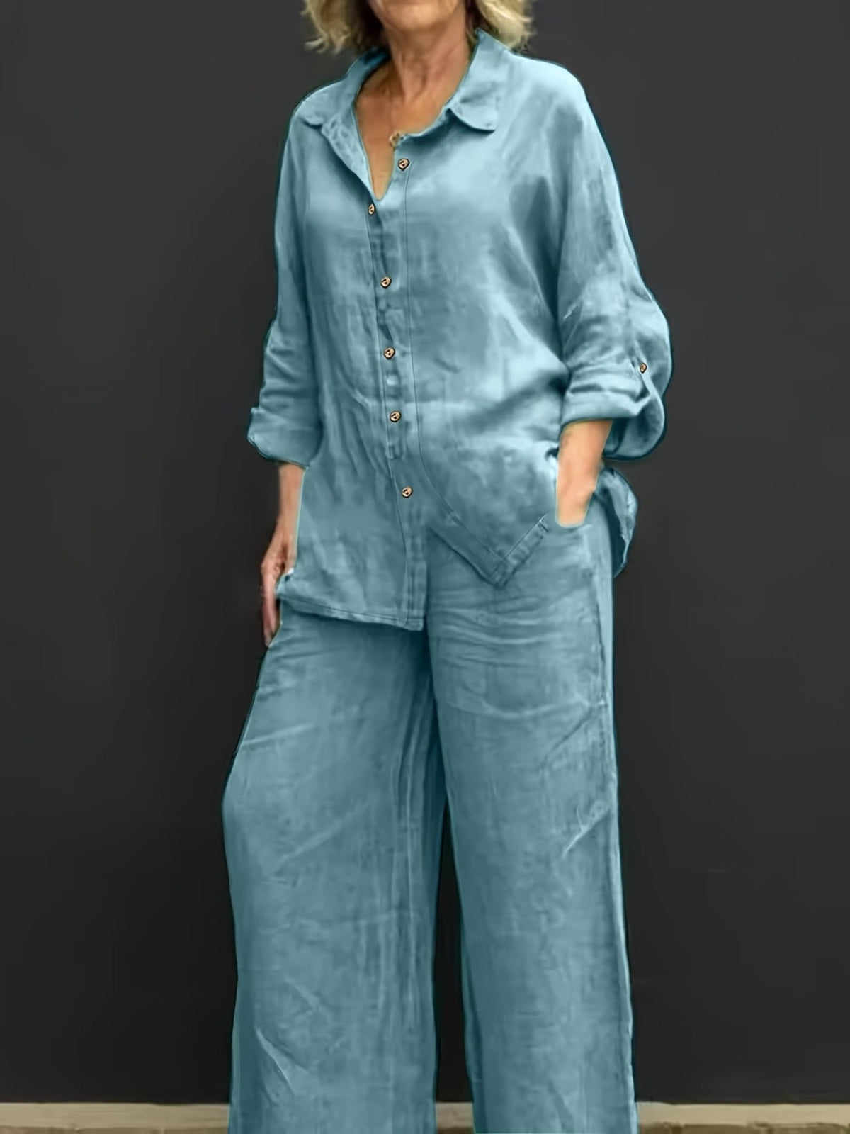 Plus Size Women’s Casual Two-Piece Co-Ord Set – Breathable Shirt & Straight-Leg Pants for Spring & Autumn Comfort