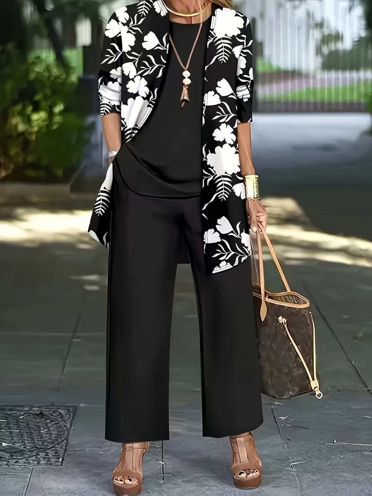 Women’s Stylish 3-Piece Set – Solid Cardigan, Casual Vest & Printed Palazzo Pants