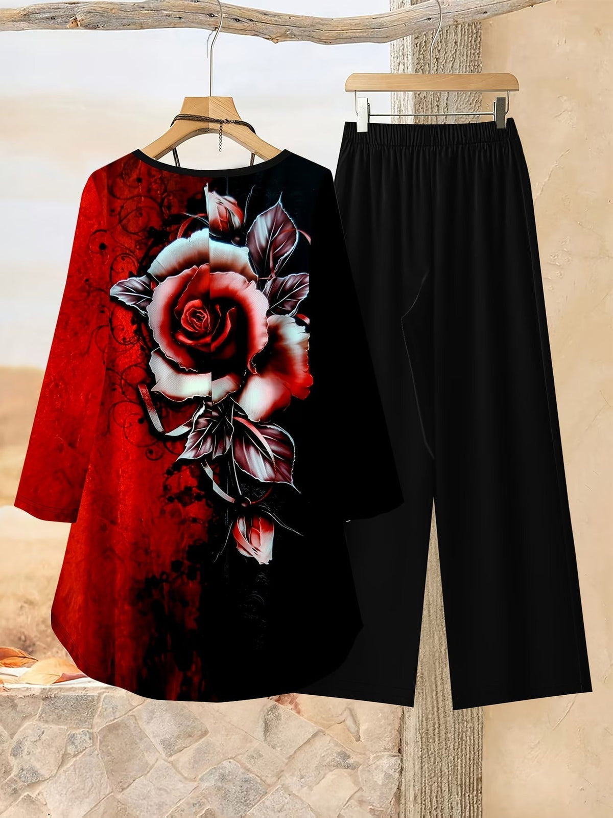 Loose Fit Irregular Print High-Low Hem Top with Solid Pants – Women’s Casual Two-Piece Outfit