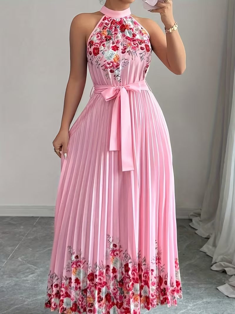 Elegant Floral Halter Neck Pleated Dress – Stylish & Comfortable Summer Outfit for Women