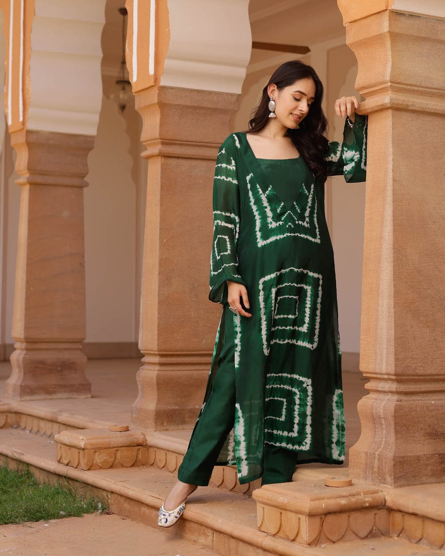 Bottle Green Tie-Dye Prosen Print Kurti Pant Set in Rayon Fabric