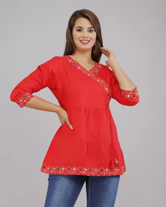 Red Rayon Top with Embroidery Work - Length 30