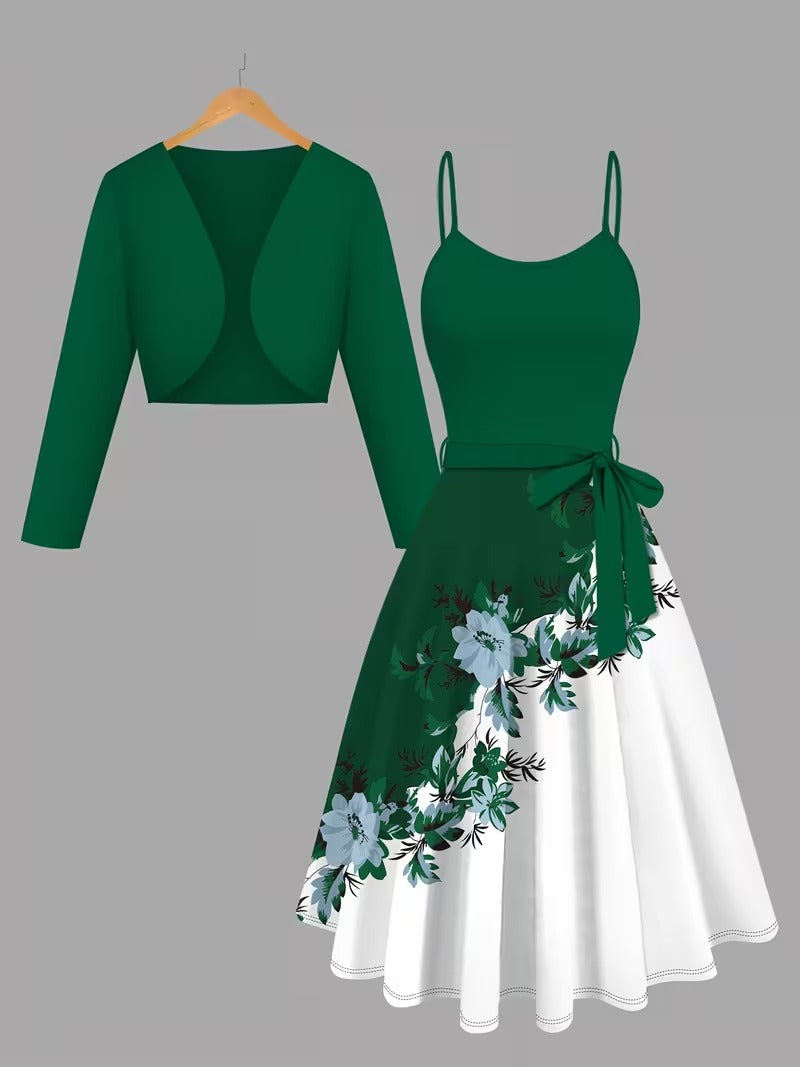 Elegant 2-Piece Women’s Outfit | Blue Cardigan Jacket with Floral Suspender Dress Set
