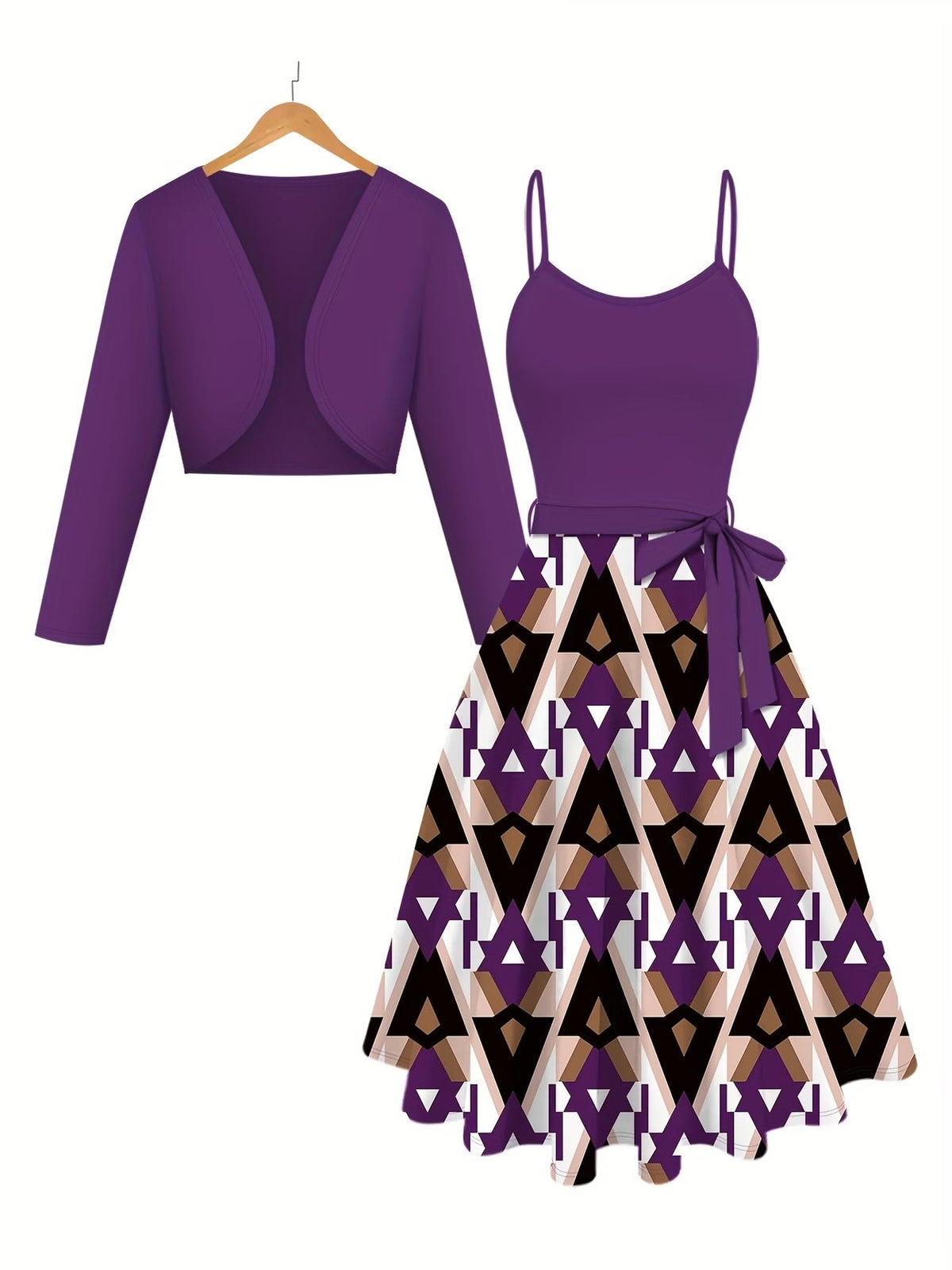 Elegant Solid Color Cardigan with Geometric Lace-Up Dress – Chic Two-Piece Women’s Fashion Set
