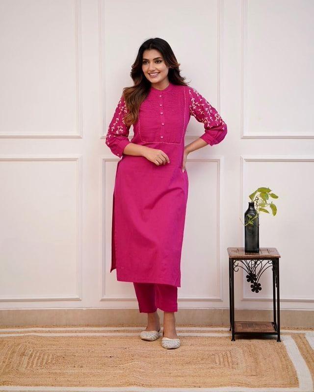 Hot Pink Kurti Pant Set with Embroidery & Pintex Detailing