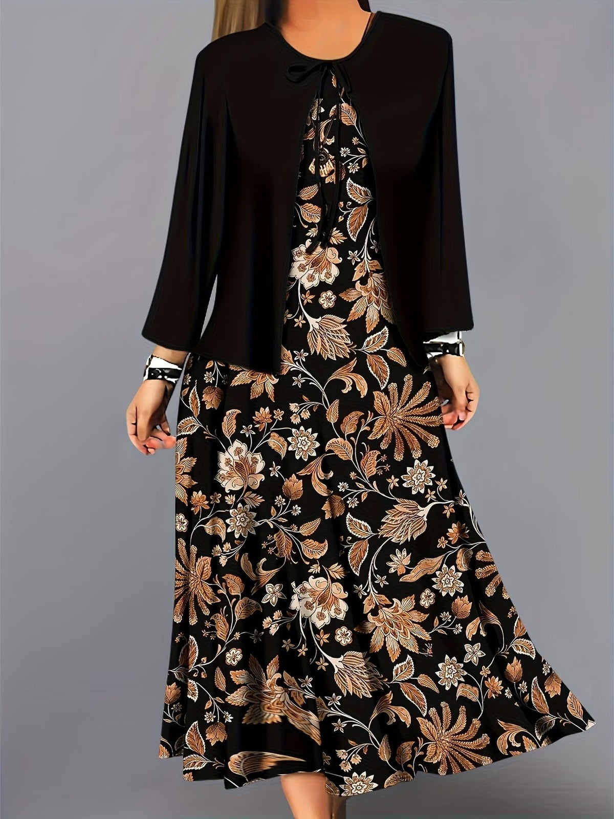 Elegant Layered Two-Piece Midi Dress Set with Tie-Front Cardigan – Flowy Printed Everyday & Occasion Wear