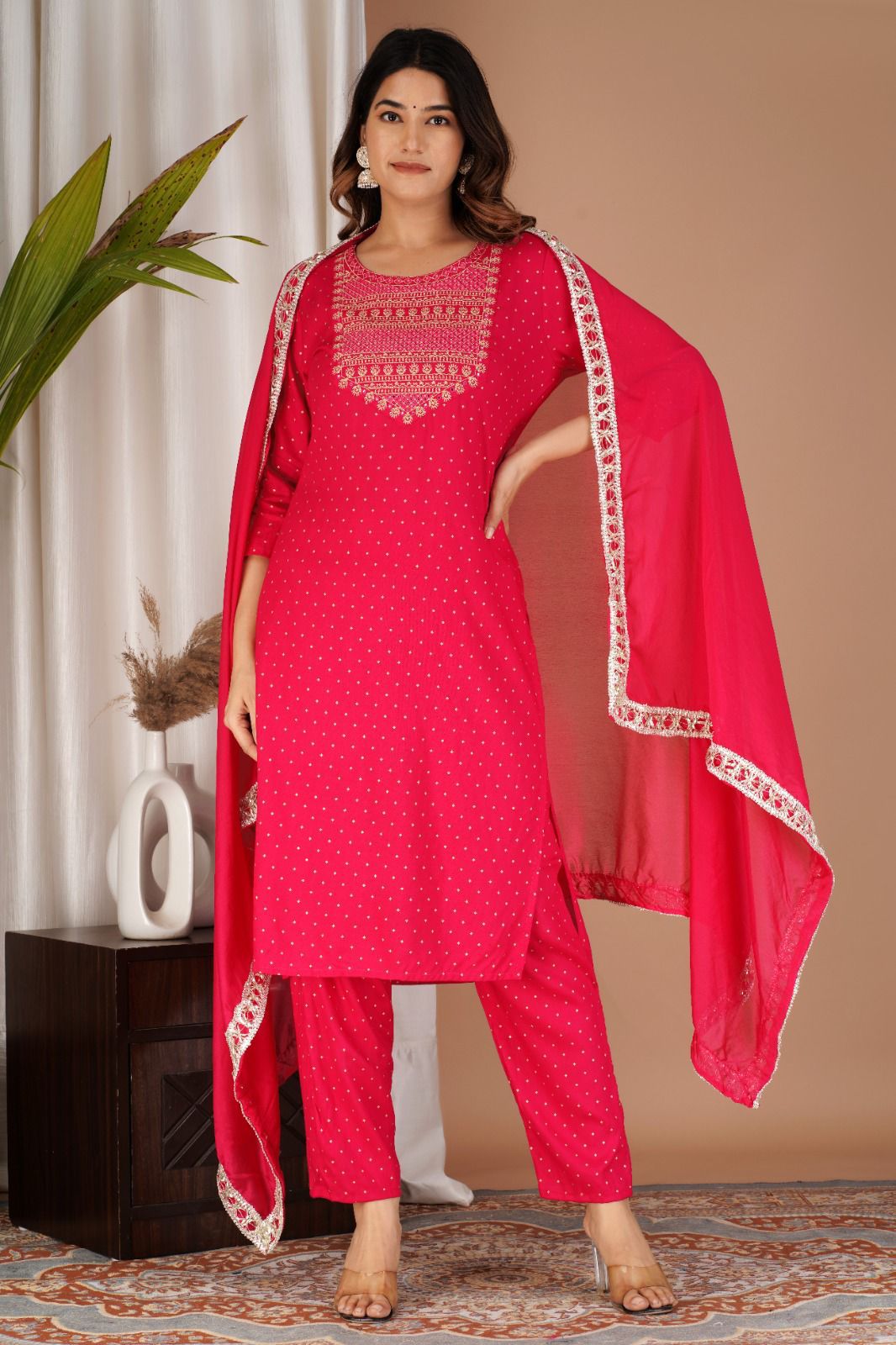Exquisite Rayon Straight Kurti Set with Golden Print and Zari Embroidery