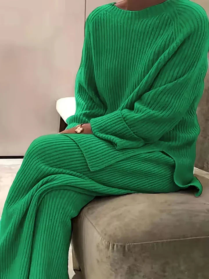 Round Neck Casual Slit Knitted Two-Piece Set Green
