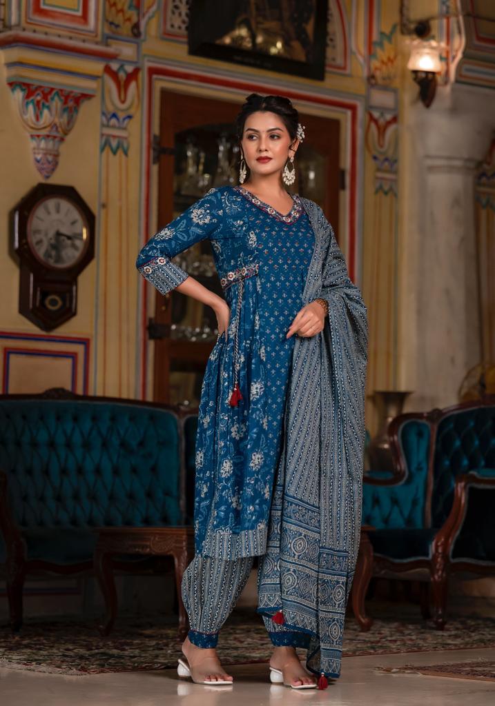 Navy Blue Floral Afghani Suit Set with Embroidery and Tassels