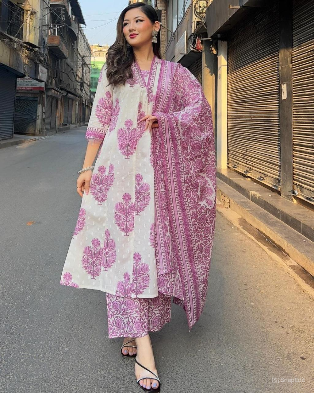 Printed Cotton Kurta Three-Piece Suit Set