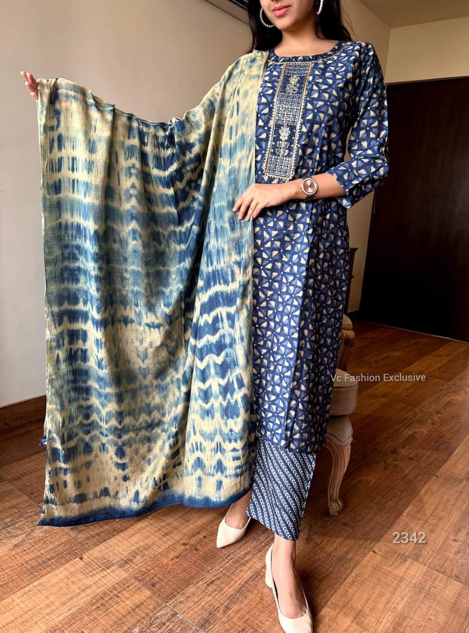 Blue Rayon Kurti Set with Embroidery Neckline and Tai Dai Dupatta