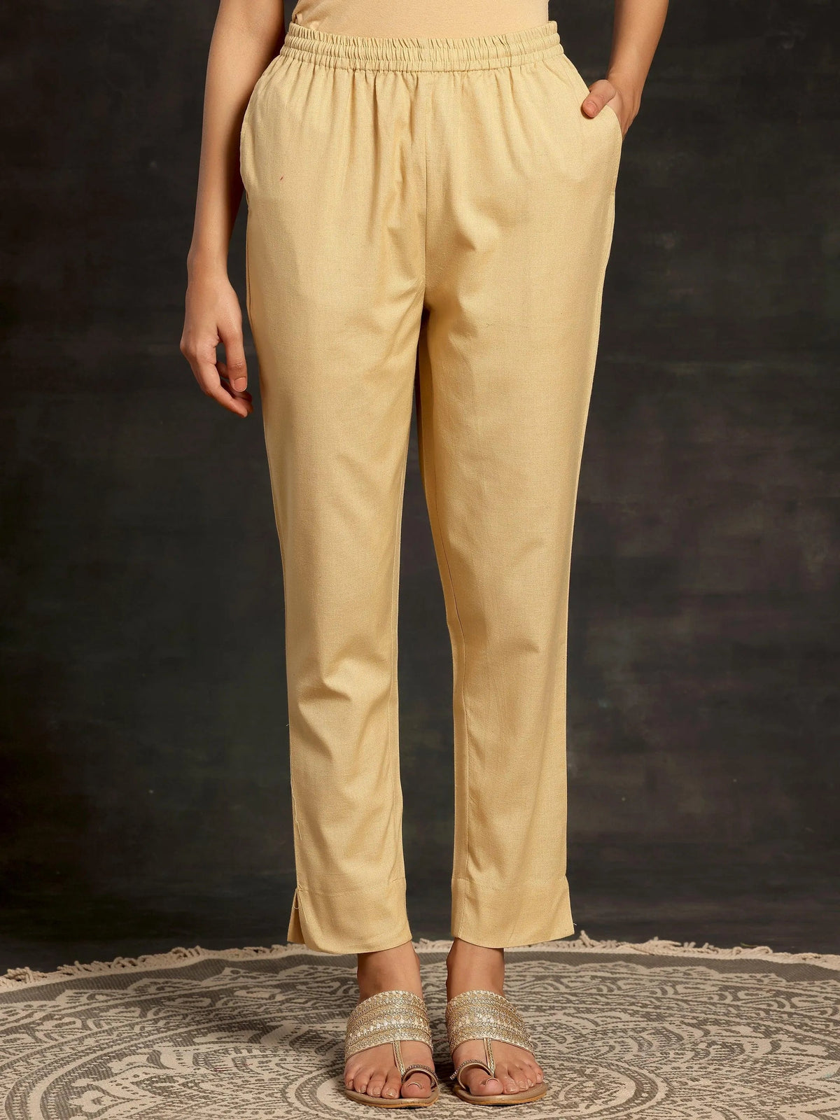 Anouk Cream Solid Cotton Straight Fit Trousers
