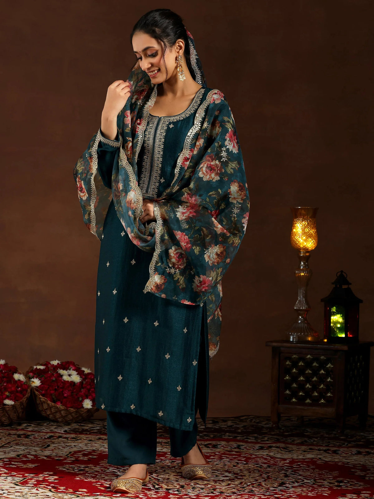Anouk Teal Embroidered Silk Blend Straight Suit With Dupatta