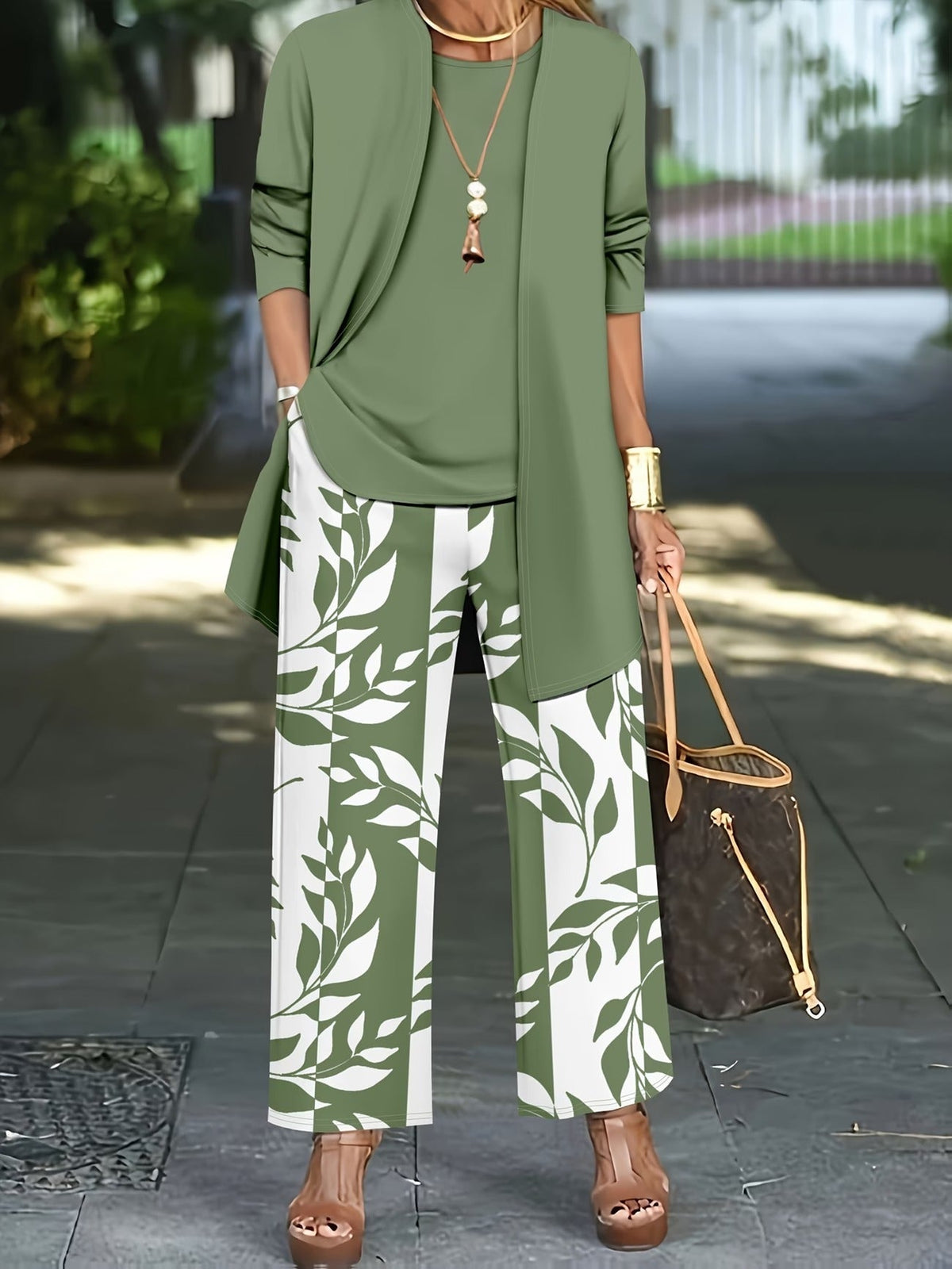 Elegant Solid Color Cardigan Jacket with Halter Top & Printed Plant Pattern Trousers – Stylish 3-Piece Women’s Set