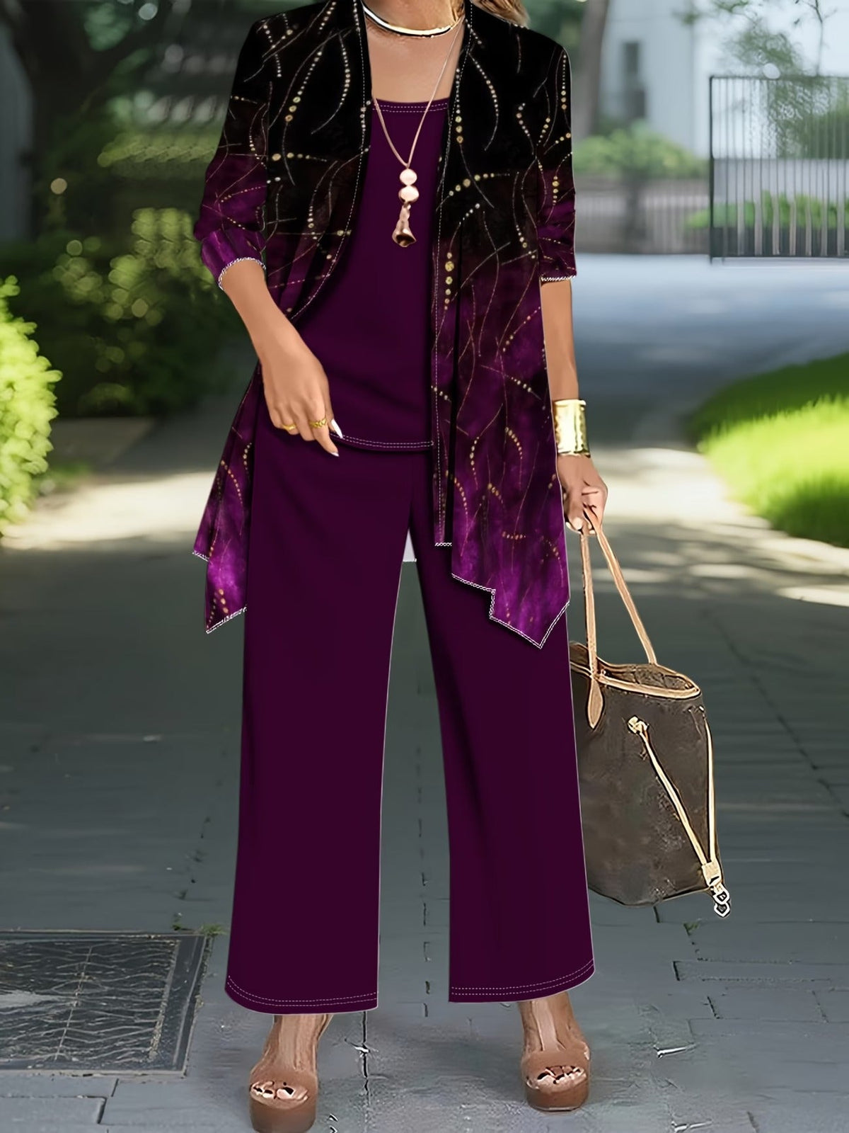 Elegant Pattern Print Cardigan with Tank Top & Casual Pants – Stylish 3-Piece Women’s Outfit Set