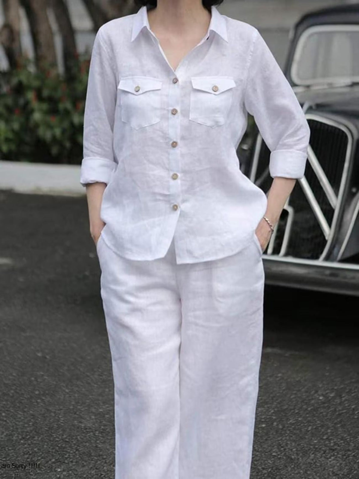 Women’s Casual Two-Piece Co-Ord Set – Solid Button Shirt with Pocket Straight-Leg Trousers for Spring & Fall