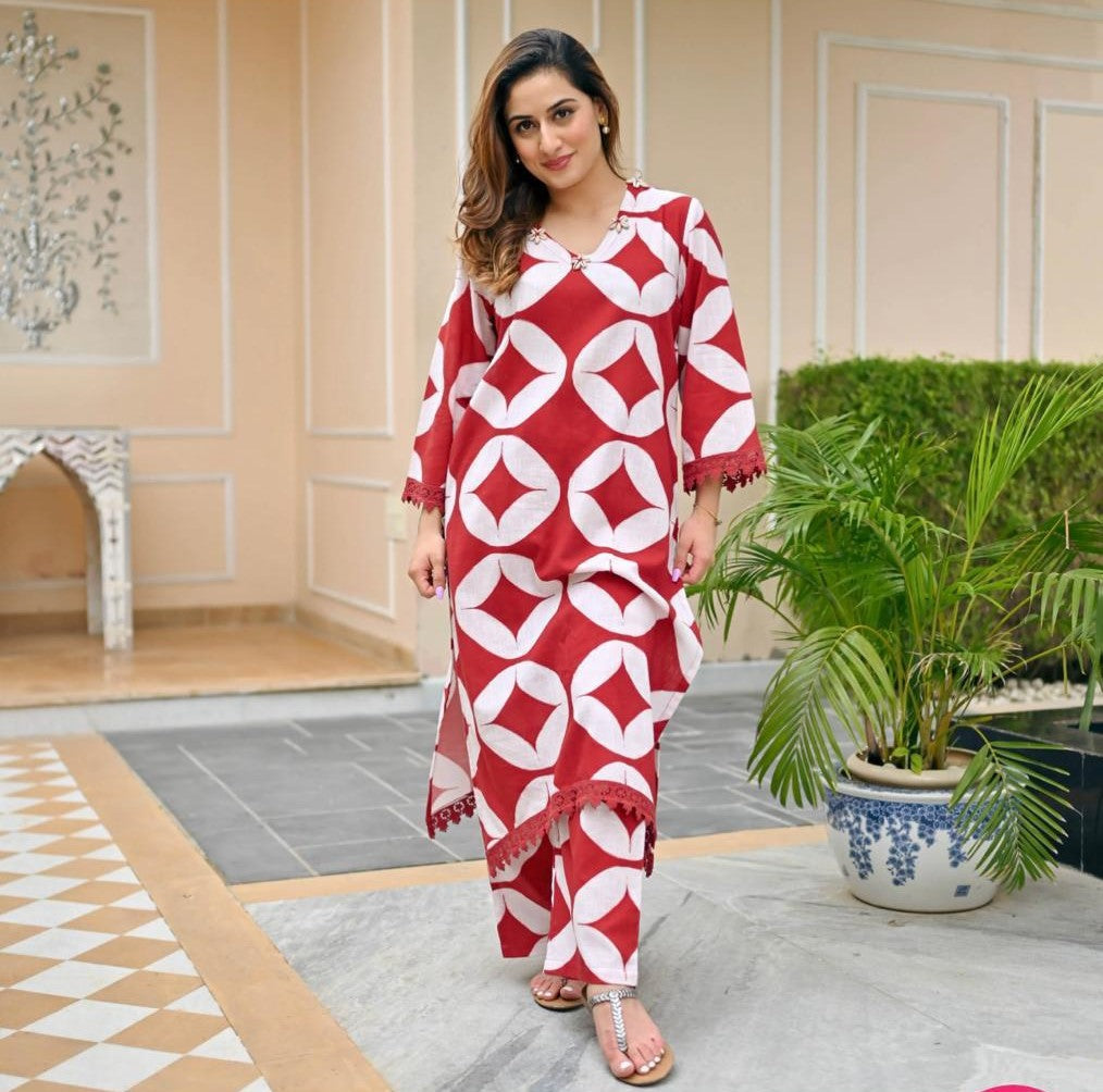Cotton Printed Kurta Cord Set with Chicken Lace