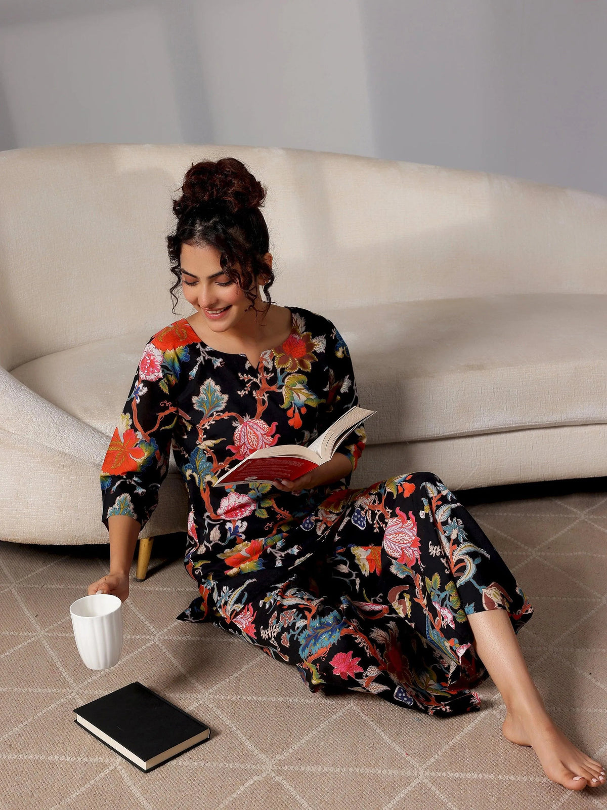 Anouk Black Printed Cotton Night Suits