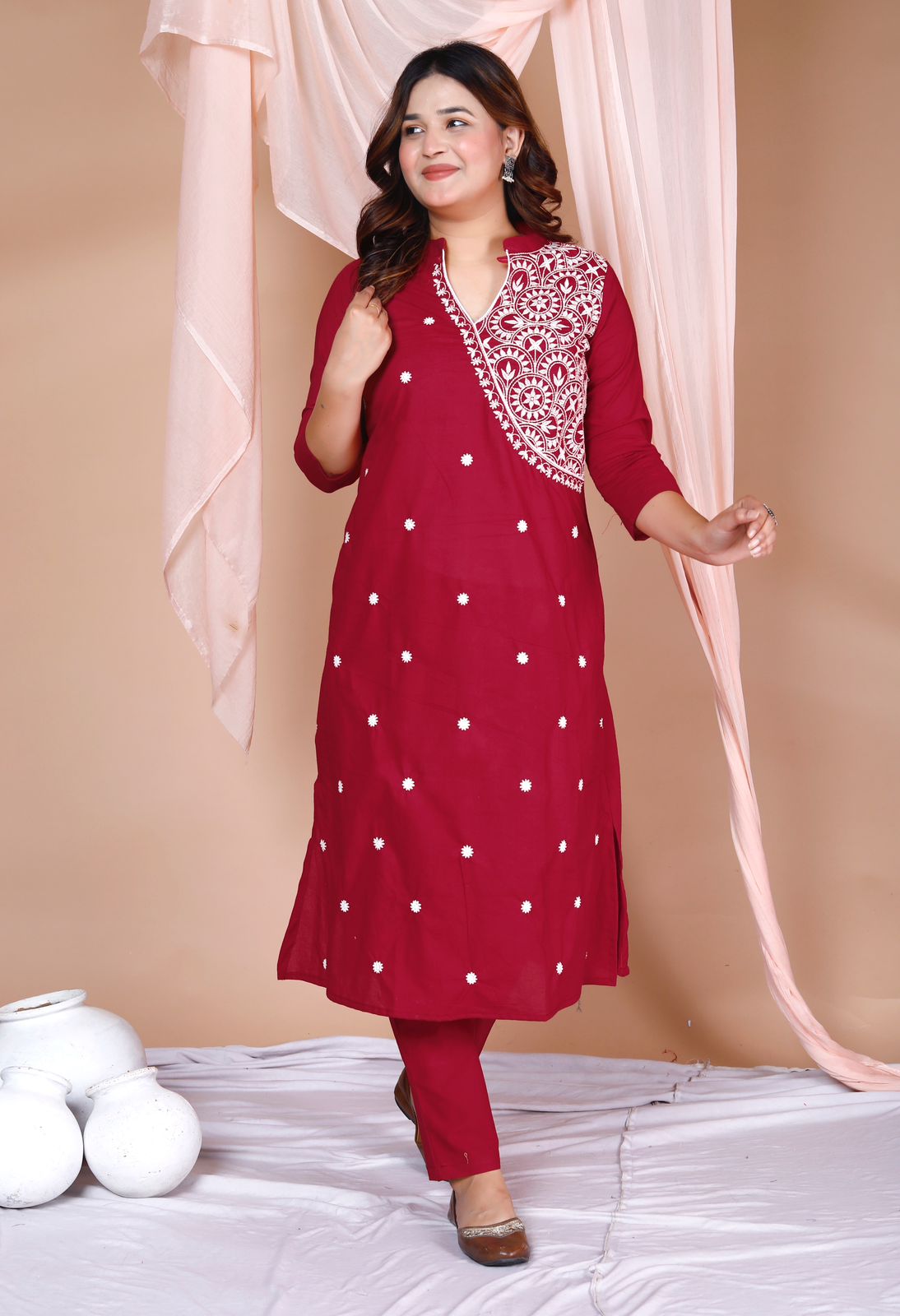 Maroon Monochrome Cotton Kurta Pant Set with Thread Embroidery