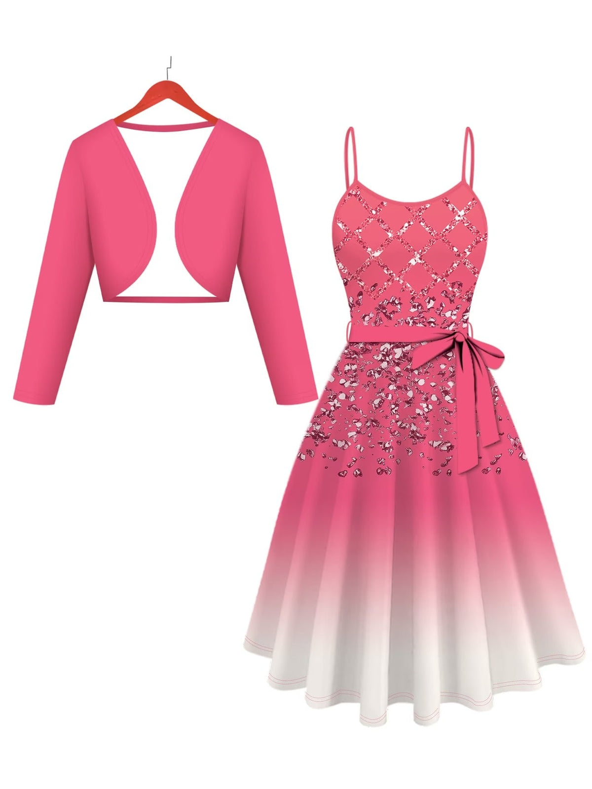 Women’s Gradient Lace Dress with Pink Cardigan Jacket – Elegant 2 Piece Set