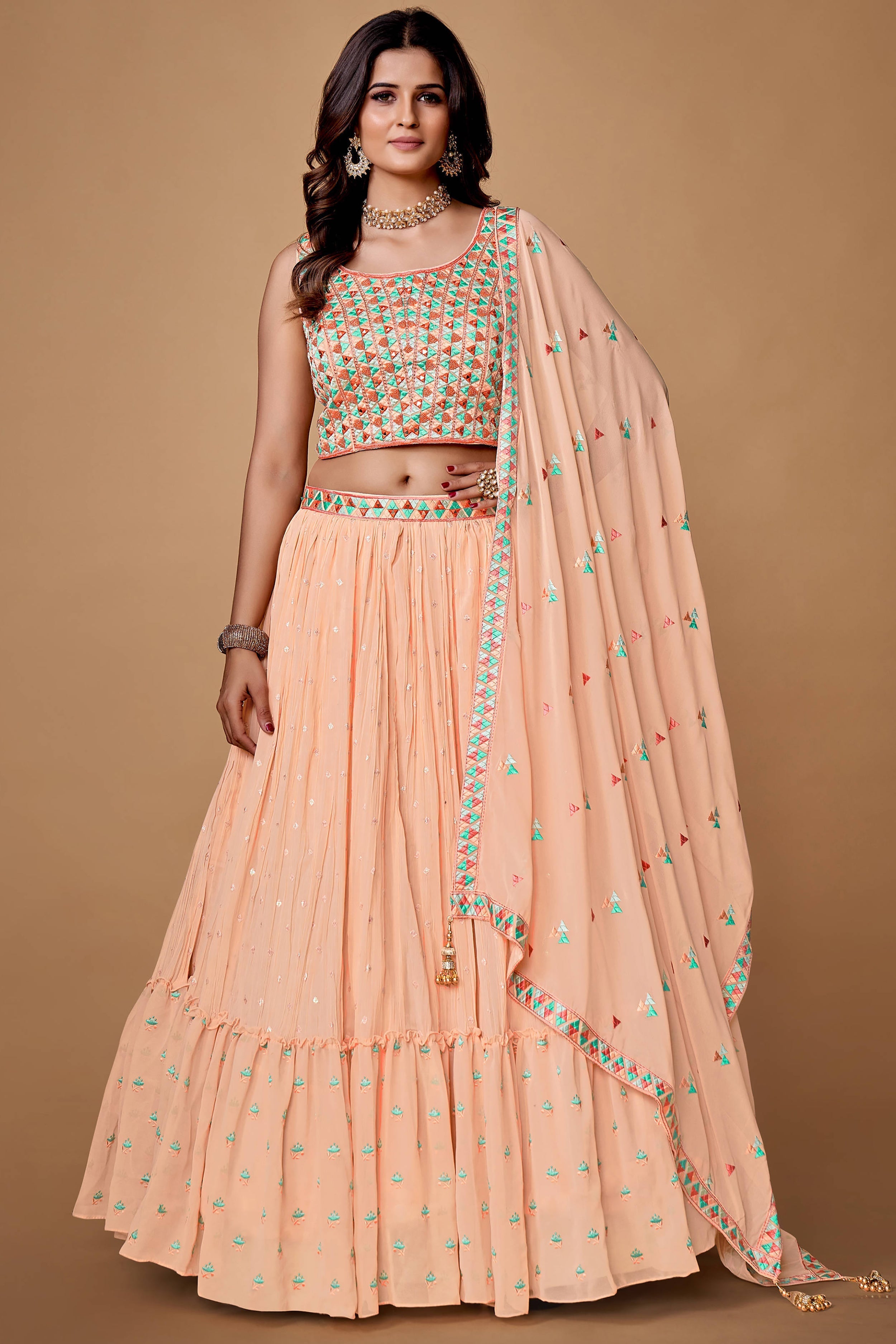 Peach Thread Work Georgette Reception Wear Lehenga Choli