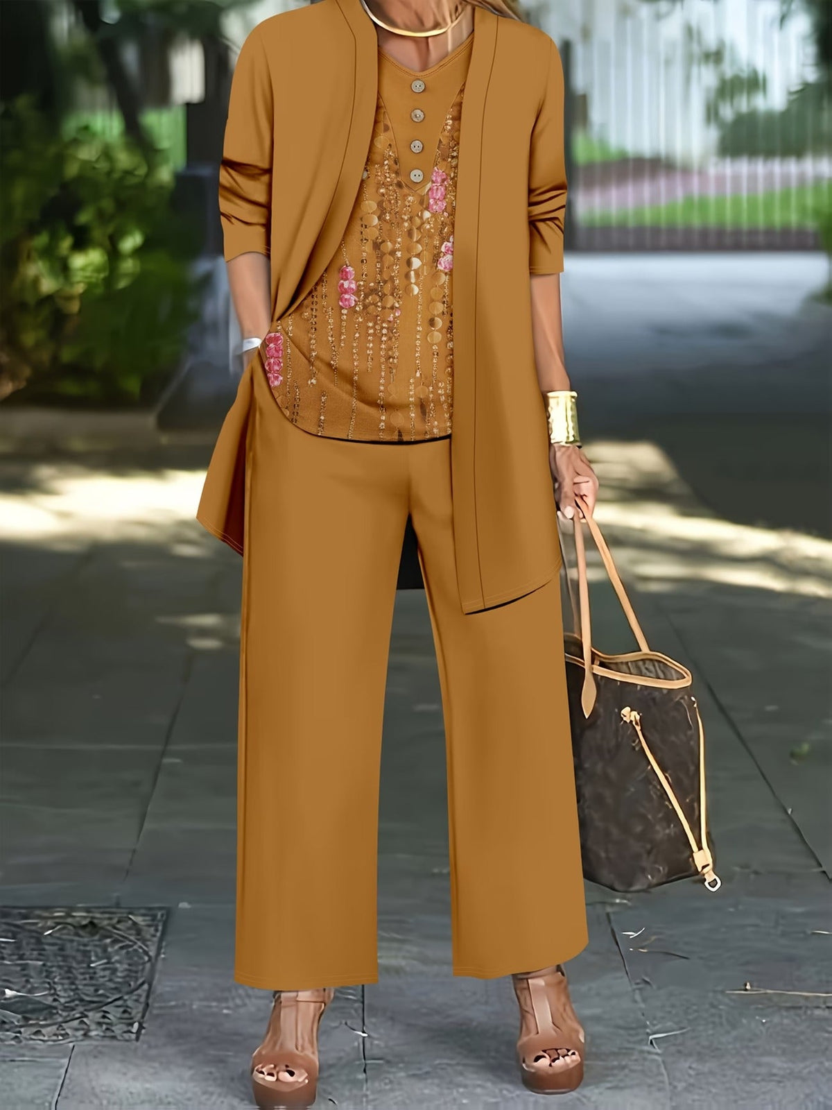 Elegant Solid Color Cardigan with Printed Top & Casual Long Pants – Stylish 3-Piece Women’s Set