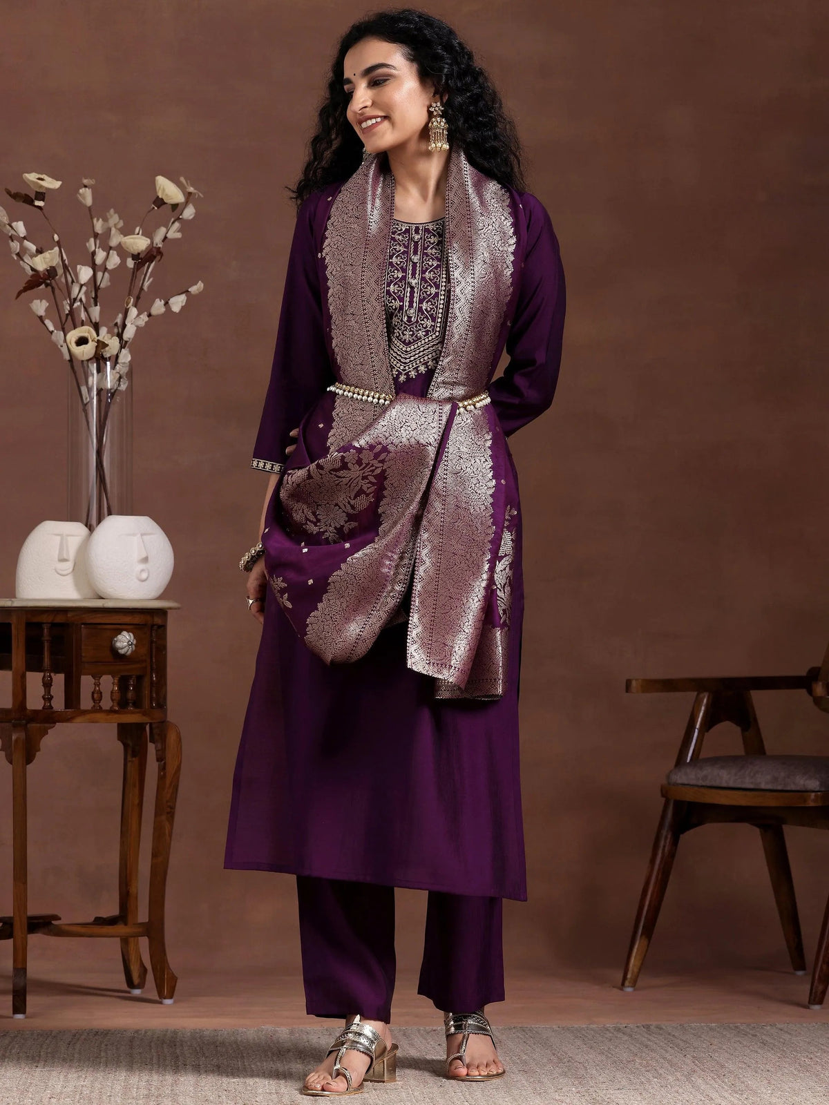 Anouk Wine Yoke Design Silk Blend Straight Suit With Dupatta