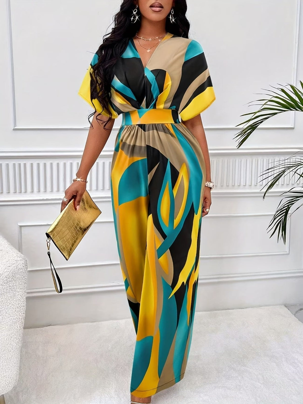Elegant Women’s Batwing Sleeve Jumpsuit – V-Neck Abstract Print Wide-Leg Summer Outfit