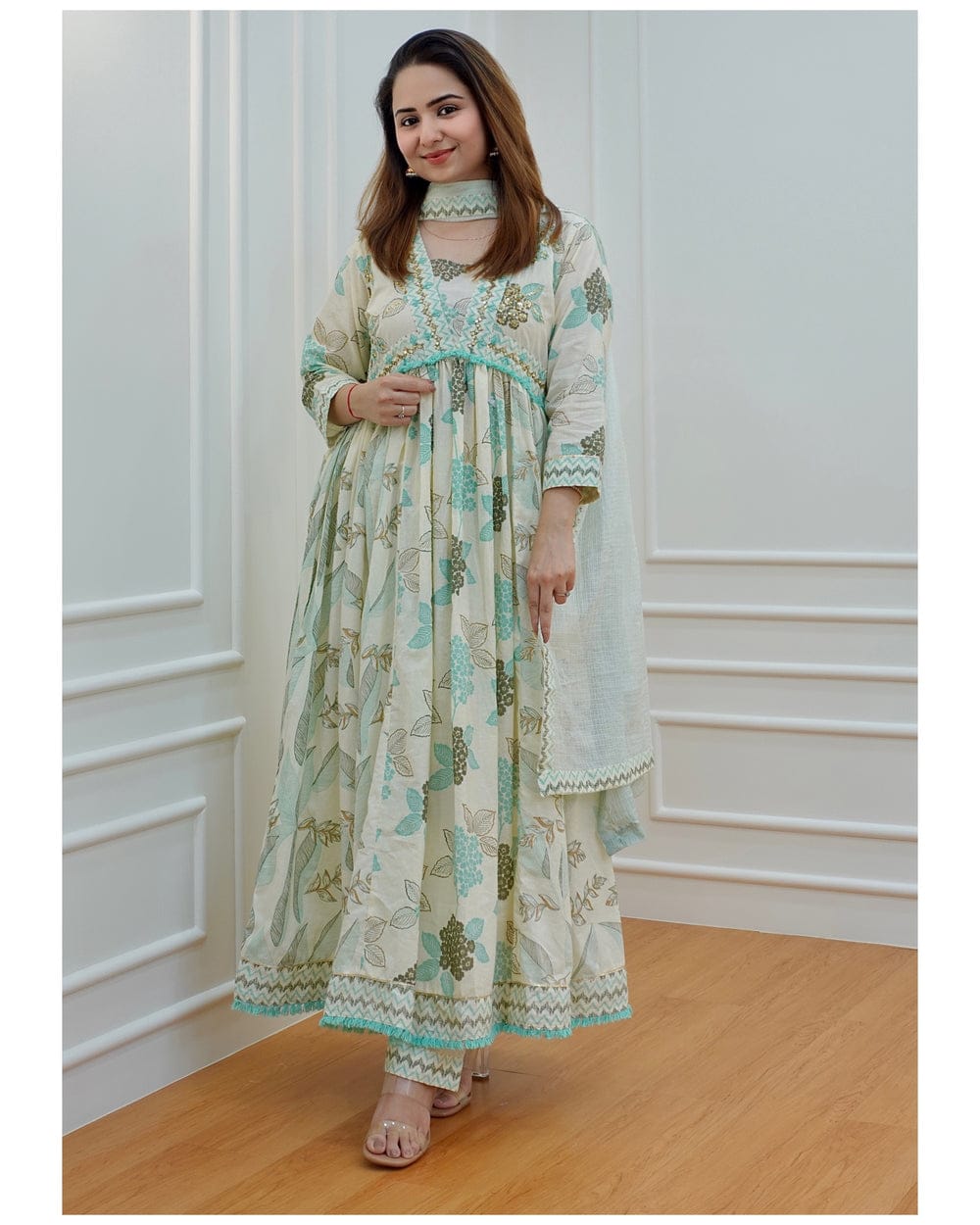 Floral Anarkali Suit Set with Matching Pant and Dupatta