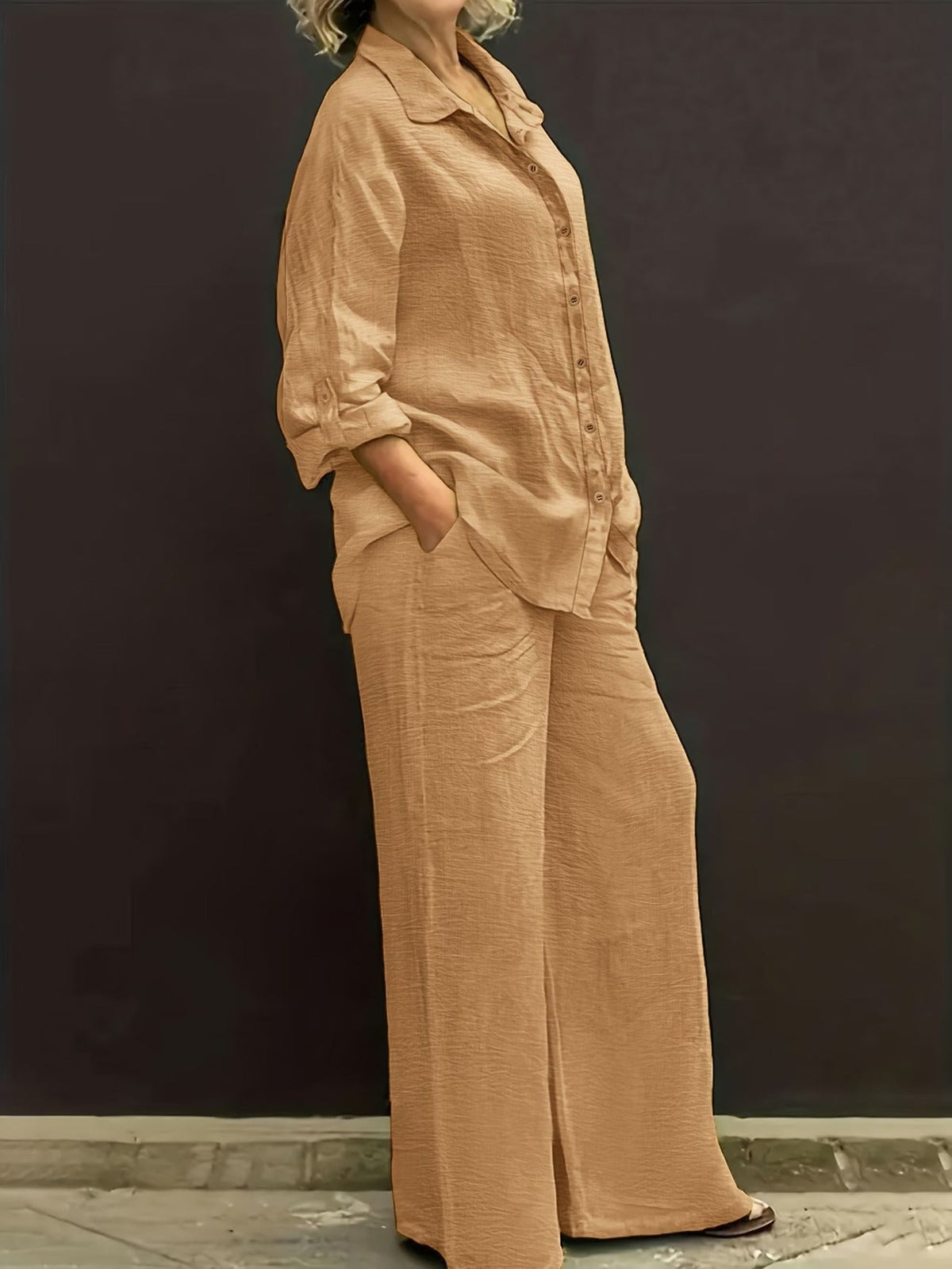 Plus Size Women’s Autumn & Winter Casual Co-Ord Set – Lapel Button Shirt with Comfortable Wide-Leg Pants
