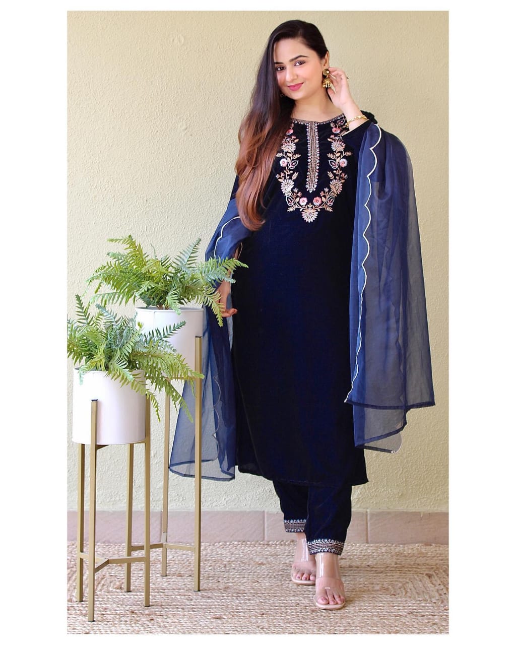 Velvet Suit Set with Thread Embroidery and Organza Dupatta
