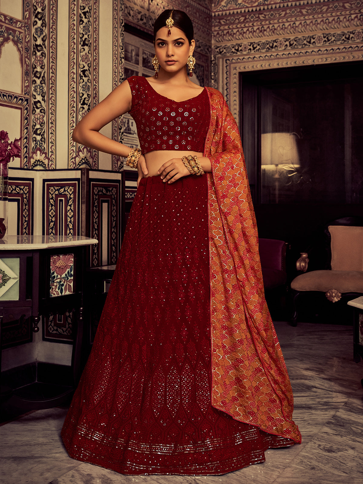 Stylish Maroon Embroidered Georgette Semi Stitched Lehenga With Blouse Piece