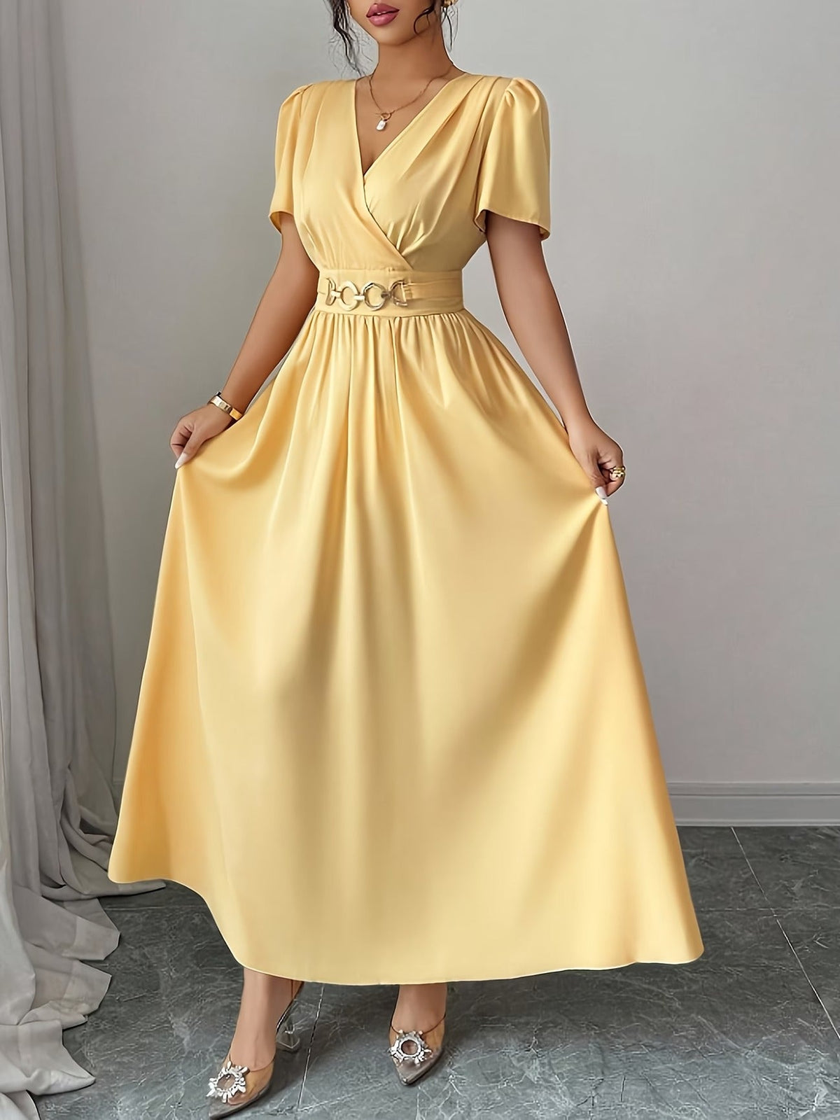 Elegant Waist Button Detail Dress – Chic Casual Everyday Outfit for Women