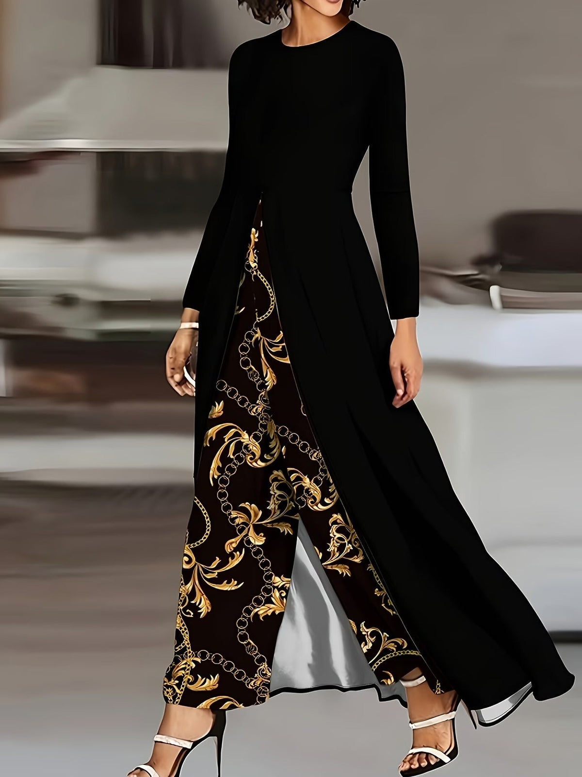 Elegant Marble Pattern Longline Top – Stylish Crew Neck Commuter & Party Wear