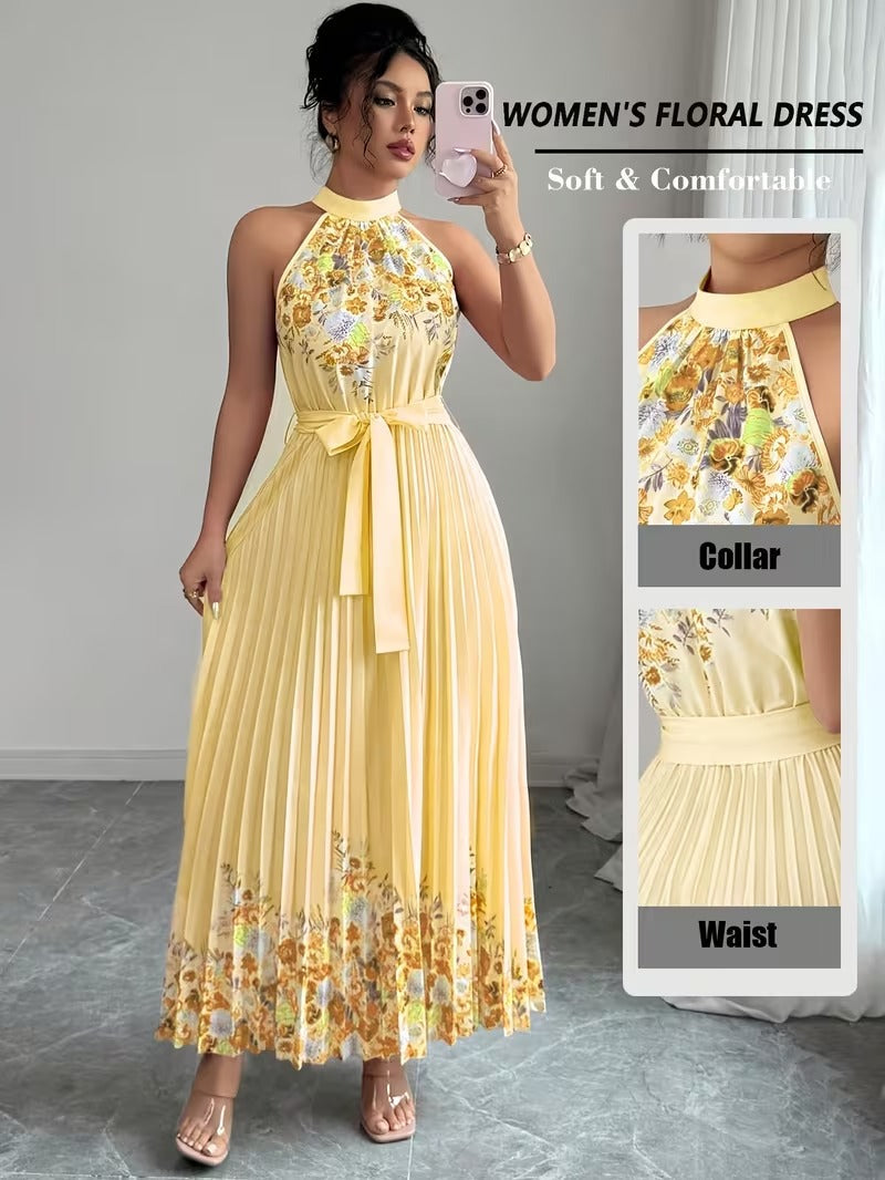 Elegant Floral Halter Neck Pleated Dress – Stylish & Comfortable Summer Outfit for Women