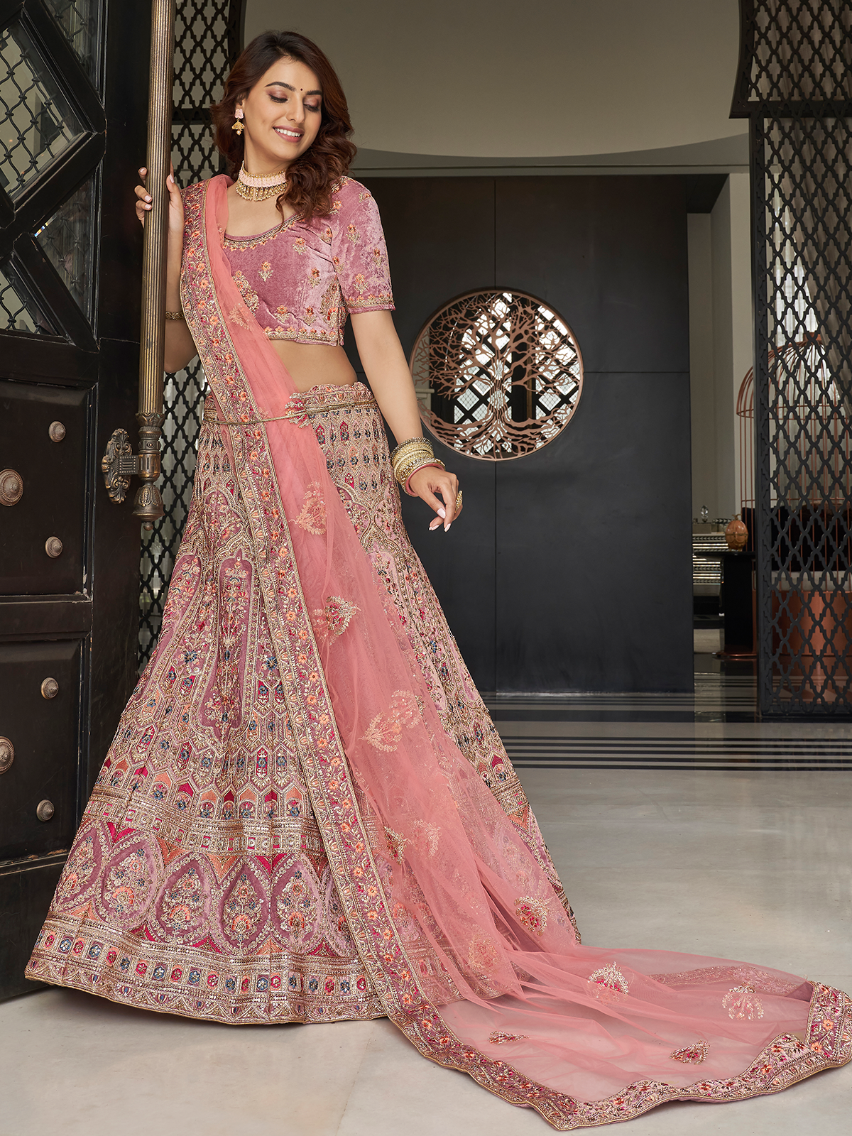 Lilac Velvet Semi Stitched Lehenga With Unstitched Blouse