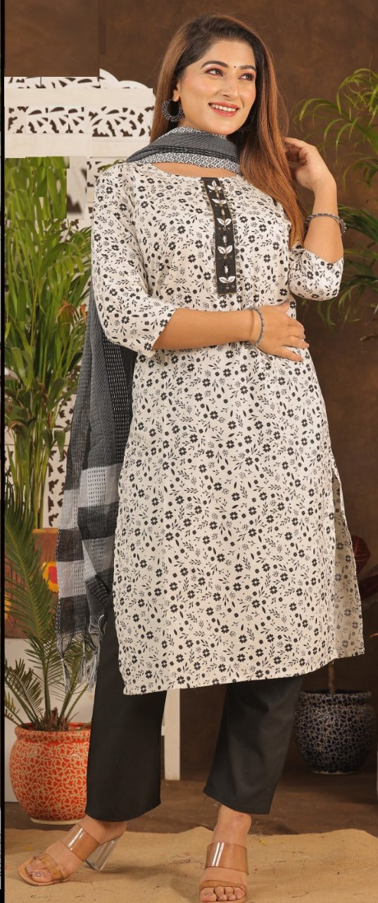 Cotton Kurti with Tie Work, Bottom, and Dupatta Set