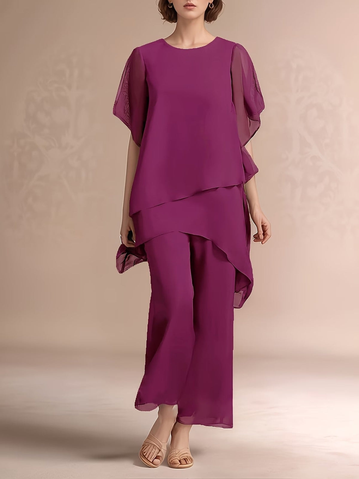 Women'S Chiffon Short Sleeve 2pcs Set Solid Color Irregular Elegant Party Fashion Suit