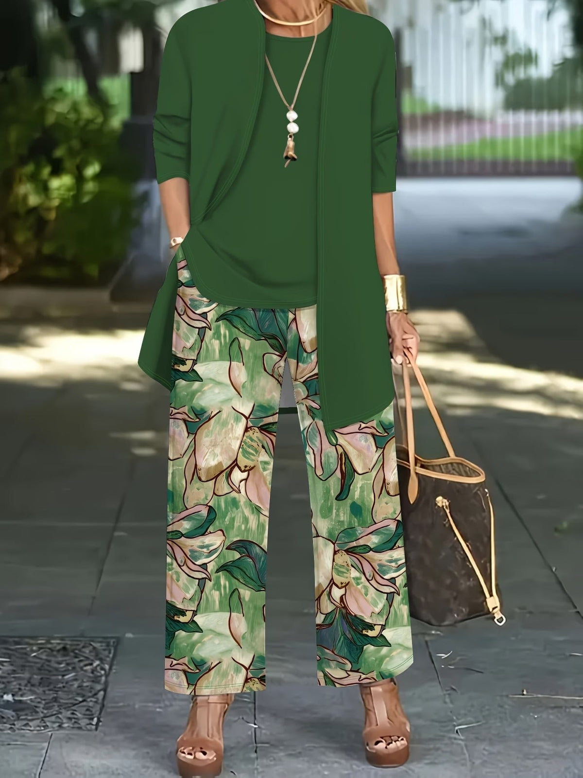 Women’s Stylish 3-Piece Set – Solid Cardigan, Casual Vest & Printed Palazzo Pants