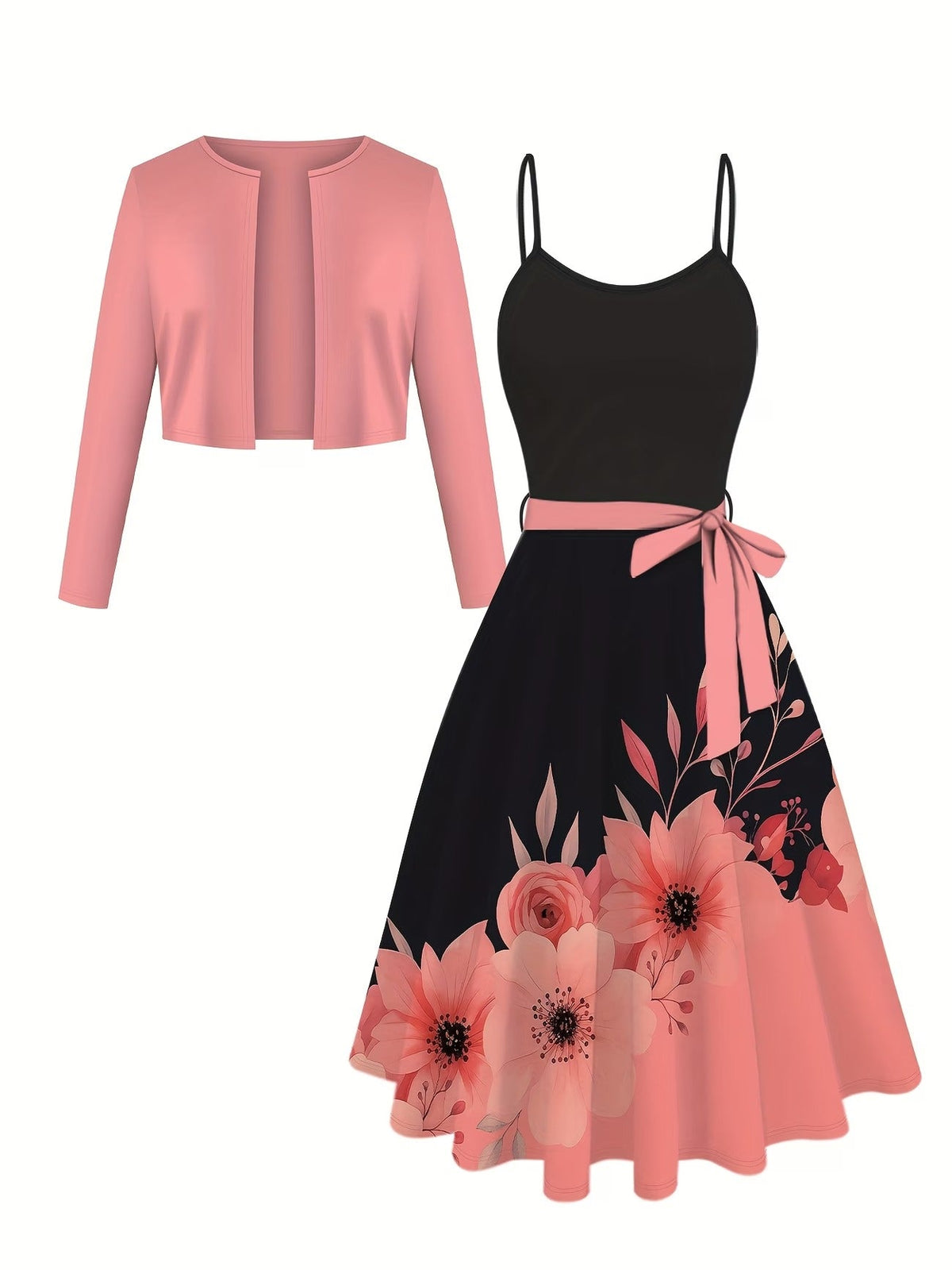 Women’s Floral Printed Dress with Solid Cardigan Jacket – Elegant 2 Piece Set