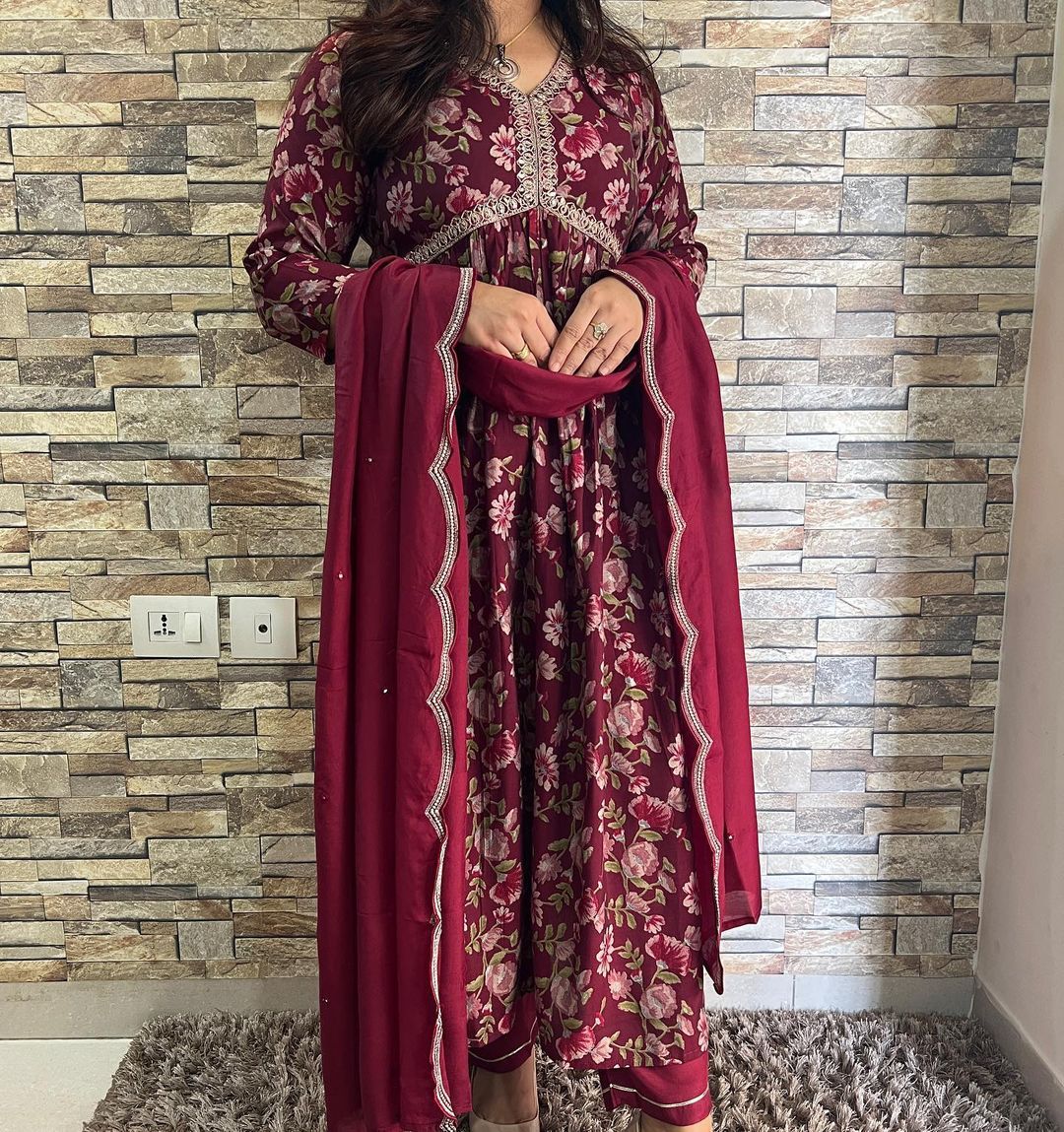 Wine Rayon Suit Set with Alia Cut and Embroidery