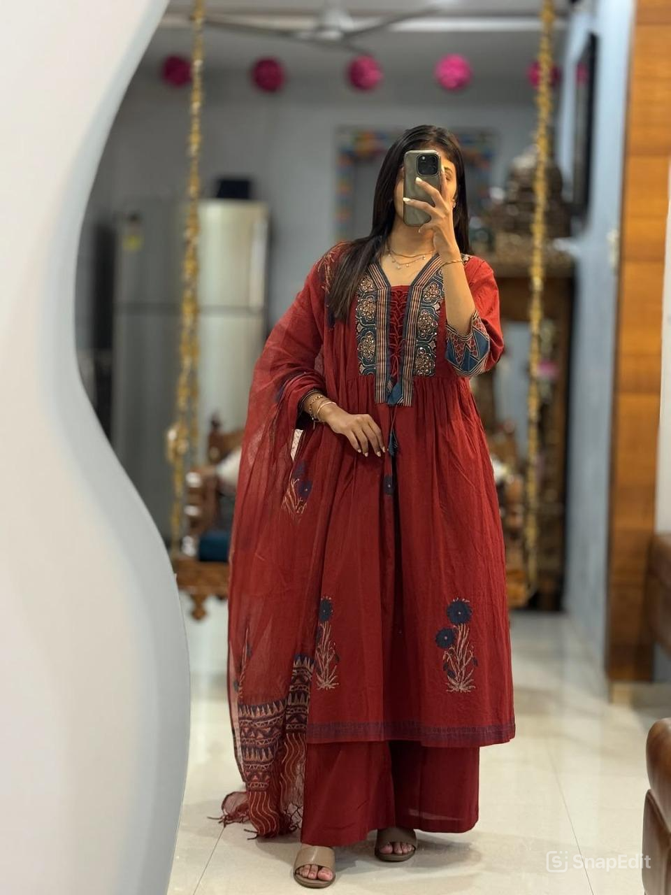 Cotton Anarkali Suit Set with Tappa Print & Kota Doria Dupatta