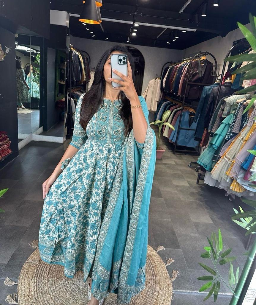 Sanganeri Print Flared Suit with Adda Work in Rayon