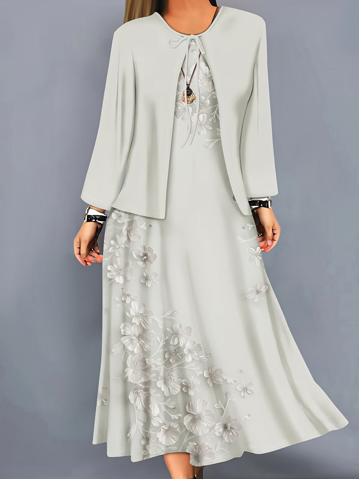 Elegant Layered Two-Piece Midi Dress Set with Tie-Front Cardigan – Flowy Printed Everyday & Occasion Wear