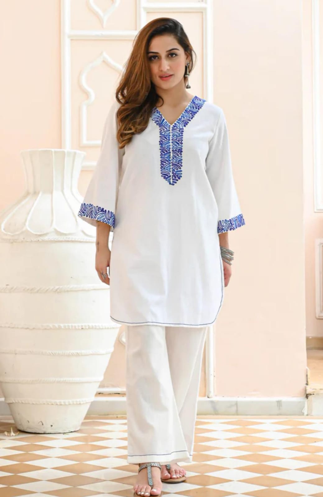 White Monochromatic Cotton Pant Set with Thread Embroidery