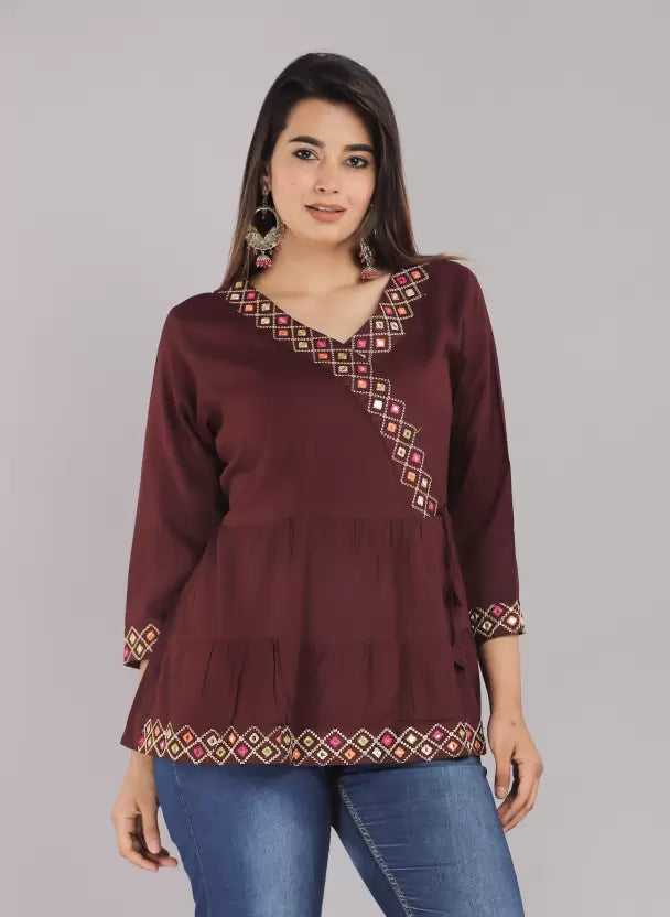 Embroidered Wine-Colored Rayon Top