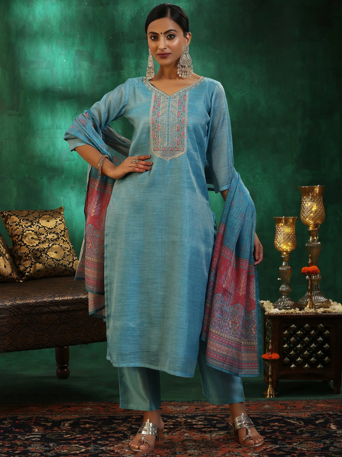 Anouk Turquoise Blue Yoke Design Silk Blend Straight Suit With Dupatta